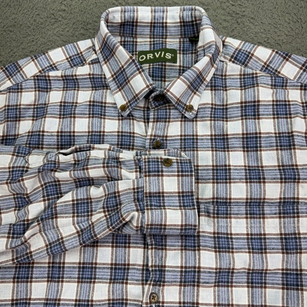 Orvis Flannel Shirt Mens L Blue Plaid Luxury Flannel Cotton Button Down Long Slv